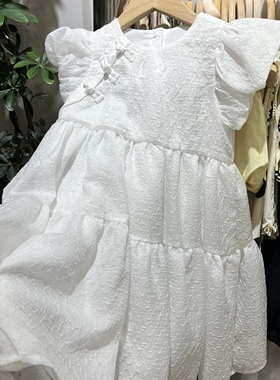 夏装女童白色花苞袖短袖连衣裙大童盘扣连衣裙新中式国风连衣裙