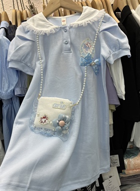 实体店童装女童蓝色泡泡袖短袖猫咪