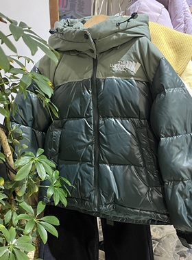 实体冬装新款男童女童绿色亮面连帽加厚保暖羽绒服中大童韩版外套