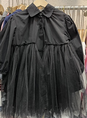 2022秋童装女蕾丝网纱连衣裙模特走秀黑色高级衬衫连衣裙阿木阿和