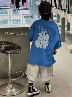 2026夏装新款男童亮蓝色韩版印花短袖T恤中大童圆领调性上衣