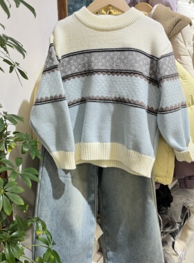 冬装新款男童女童蓝色拼白色圆领毛衣含羊毛柔软保暖针织衫上衣