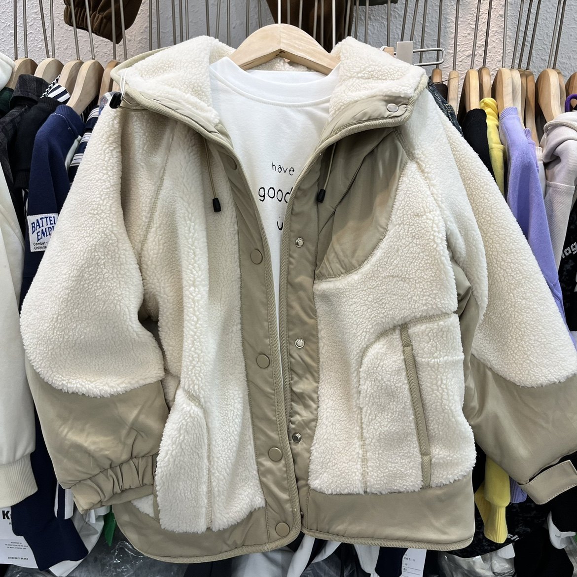 冬款童装男童女童拼接加厚夹棉连帽羊羔毛外套大童可亲子年款棉衣