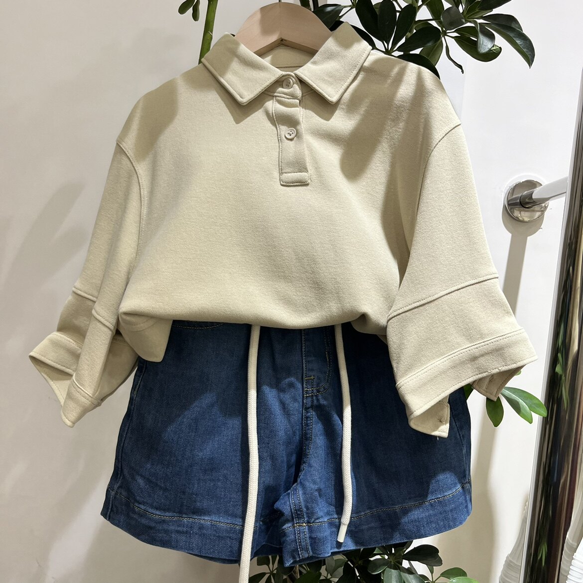 夏款童装女童奶茶色洋气翻领短袖T恤中大童亲子大版Polo衫不规则