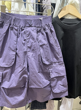 夏季新款男童女童韩版休闲百搭工装裤中大童紫色五分裤短裤
