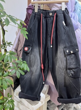 实体店韩货冬装新款男童黑色加绒牛仔裤中大童潮版工装裤牛仔裤