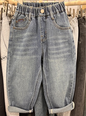 秋款童装男童女童蓝色纯棉弹力牛仔裤超正版型老爹裤中大童亲子