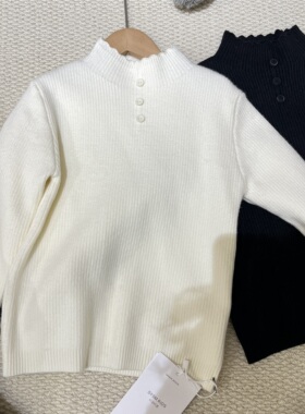 实体店冬装新女童韩版米白色黑色木耳边半高领加绒毛衣打底衫