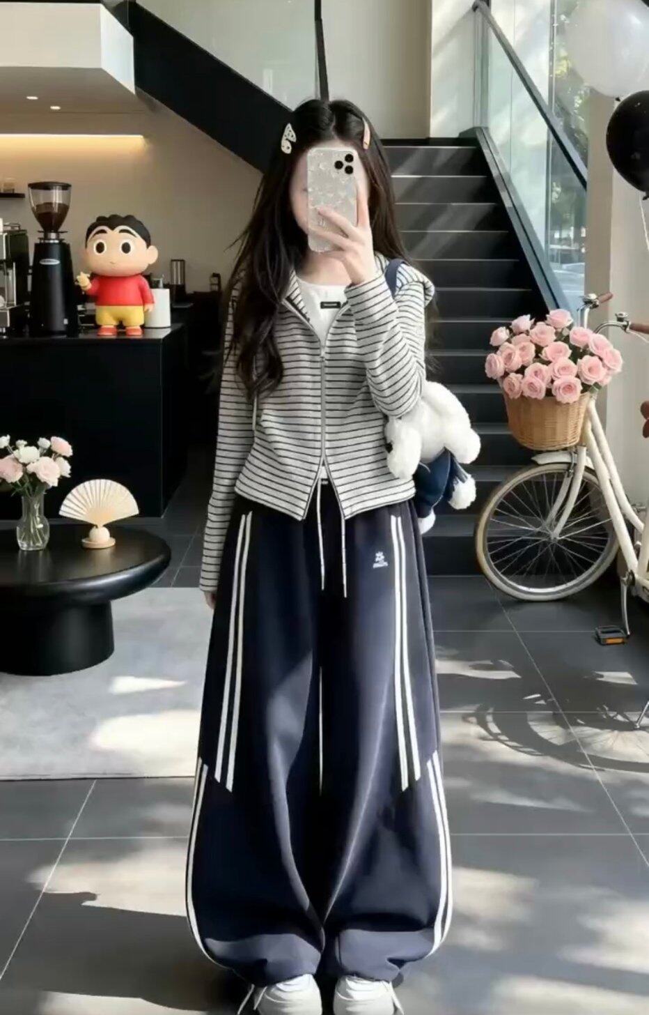 2026冬季新款女童条纹连帽卫衣外套少女大童藏蓝色加绒美式工装裤