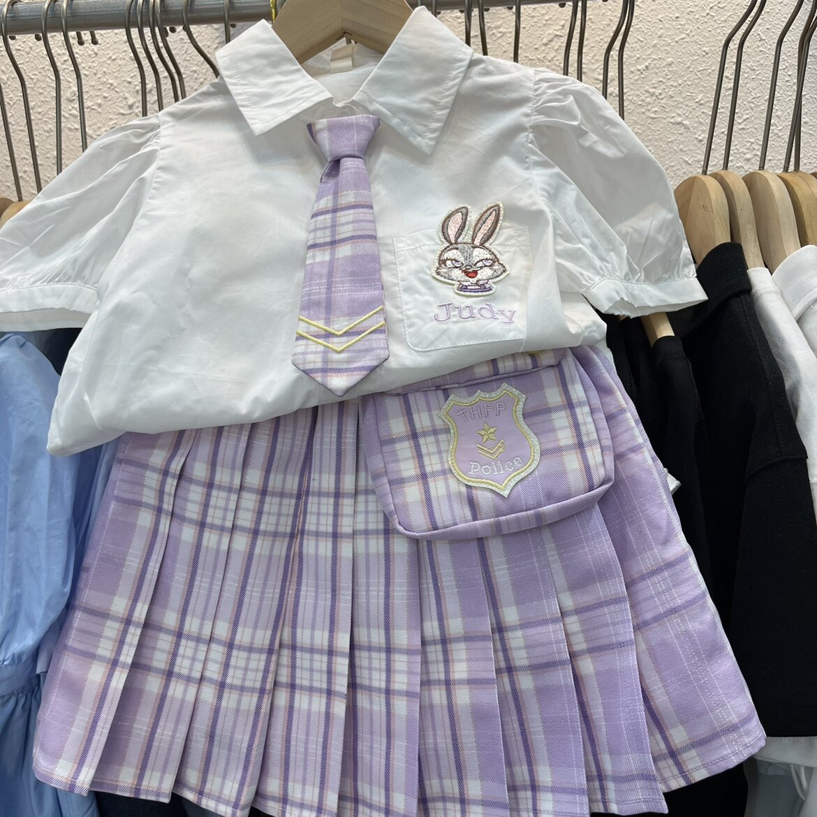实体店童装女童夏装白色星黛露领带衬衫紫色格子百褶裙两件套装