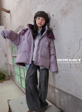 冬装新款童装羽绒服女童短款儿童紫色大童面包服防水羽绒服