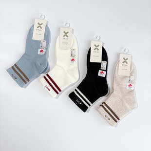 西客优品百分百棉刺绣短筒袜秋冬透气吸汗两条杠学院运动棉袜2682
