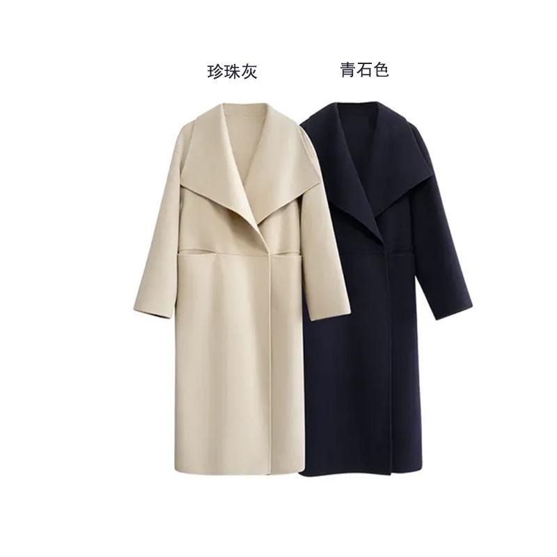 慵懒睡袍风毛呢外套女冬季2024冬新款大衣翻领配腰带全羊毛双面呢