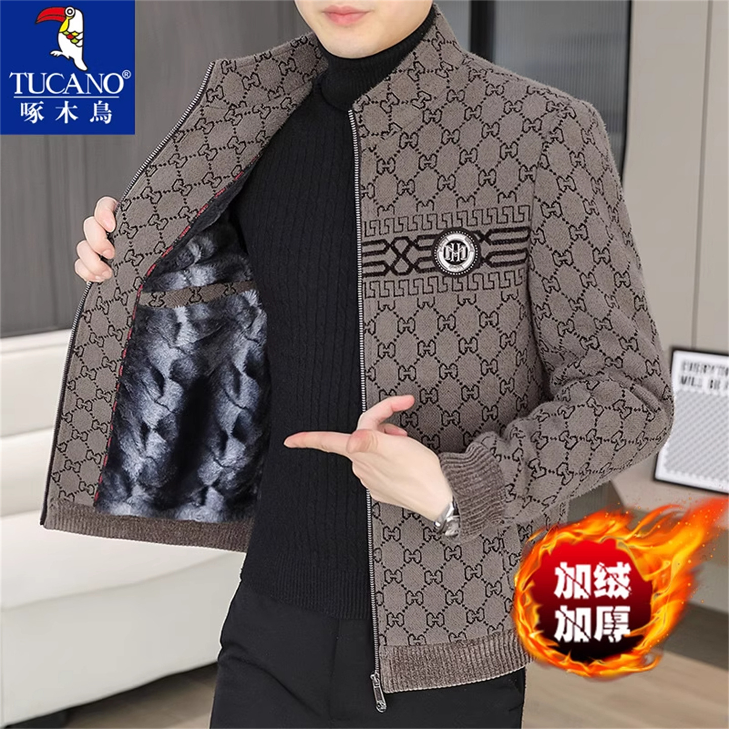 啄木鸟立领夹克貂绒毛呢大衣外套