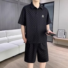 痞帅冰丝印花休闲套装短袖POLO衫男士夏季宽松高级感短裤运动夏装