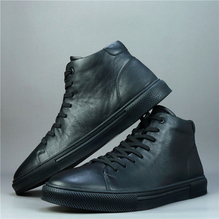 4445码孤品男士休闲高帮板鞋欧美风手工缝线皮鞋冬季加绒保暖棉鞋