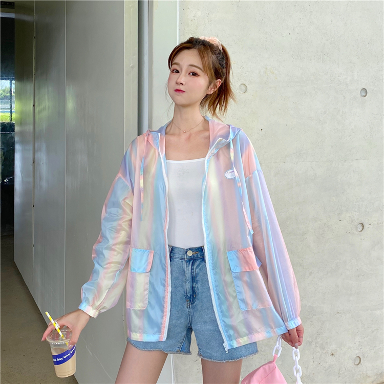 Japanese thin rainbow breathable hooded sunscreen clothing age reducing fried Street jacket