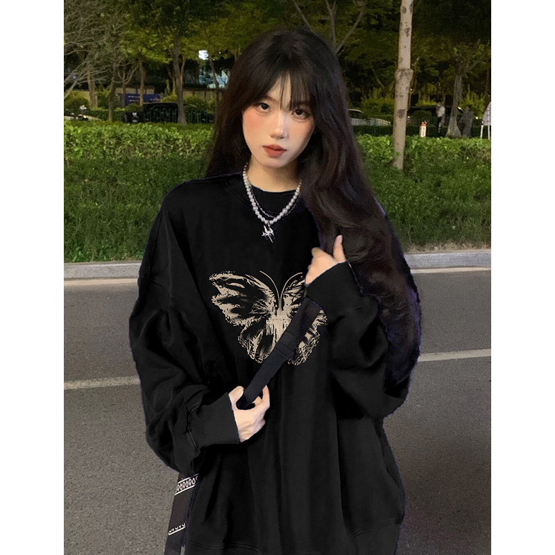 黑色加绒加厚正肩卫衣甜酷宽松