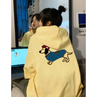 嫩黄色重磅宽松连帽卫衣女秋季2024新款小众设计感印花带帽上衣潮