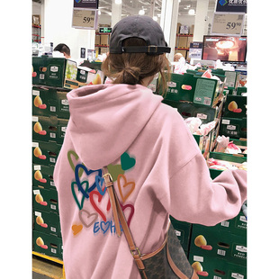 多巴胺粉色连帽重磅加绒加厚套头卫衣女2025新款秋冬季小个子上衣