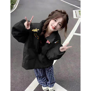 街头美式学院风高中生90白鸭绒羽绒服女冬季新款加厚保暖黑色外套