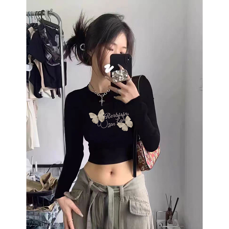 黑色显瘦长袖t恤女短款bm风