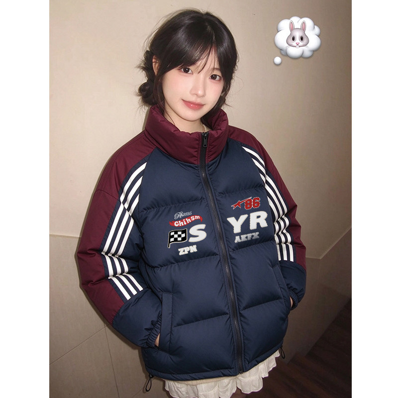 时尚印花90白鸭绒羽绒服女冬季新款三条杠拼接韩系短款立领外套潮