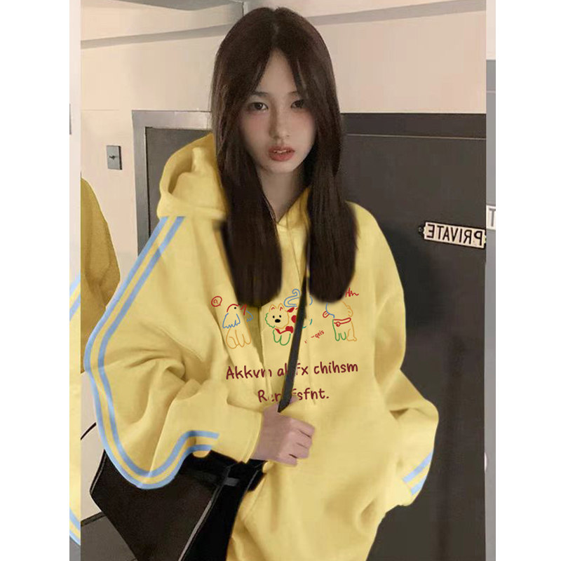 三条杠拼接嫩黄色连帽卫衣女早季新款设计感小众加绒加厚套头上衣
