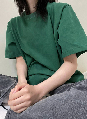 墨绿色正肩纯棉短袖T恤女简约百搭圆领体恤夏季纯色基础款打底衫