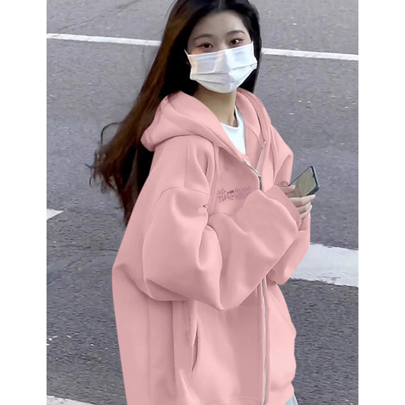 韩系秋季宽松小个子连帽开衫卫衣