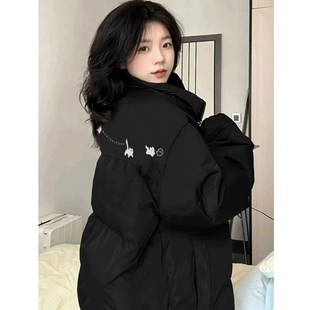 高中生90白鸭绒羽绒服女冬季新款宽松加厚保暖学院风黑色简约外套