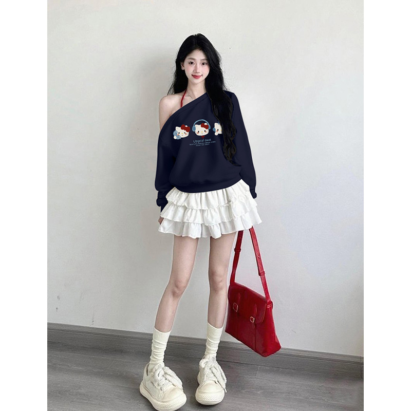 韩系慵懒风kt猫印花露肩卫衣女2025秋季藏青色独特别致斜领上衣潮