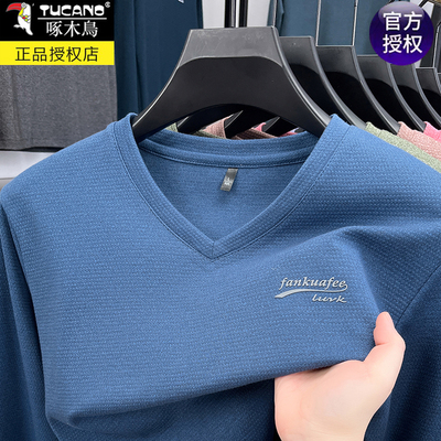 啄木鸟纯棉V领长袖T恤打底衫男