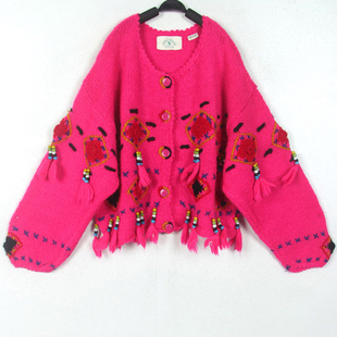 冬装孤品复古古着vintage桃红色民族风串珠立体挂饰流苏手工毛衣