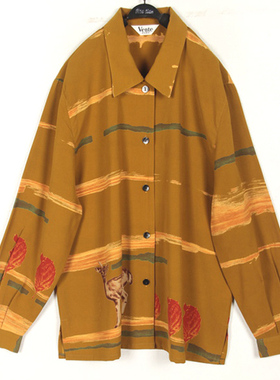 春夏装孤品复古古着vintage日本土黄色小鹿晚霞红叶印花长袖衬衫