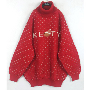 秋冬孤品复古着vintage深红色带小帽小熊pink house高领黑色毛衣