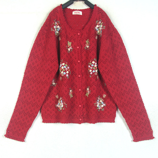 秋冬装孤品复古古着vintage日本深红立体花束手工刺绣钩花毛衣