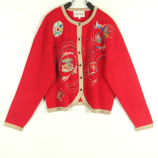 秋冬孤品复古古着vintage童趣大红金丝旋转木马游乐园手工兔毛衣