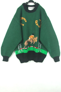 秋冬装孤品复古古着vintage深绿色马术比赛图案手工编织毛衣