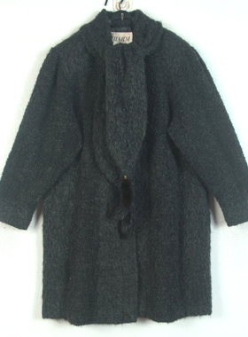 秋冬孤品复古着vintage日本黑灰色古法泰迪马海圈圈毛围巾领大衣