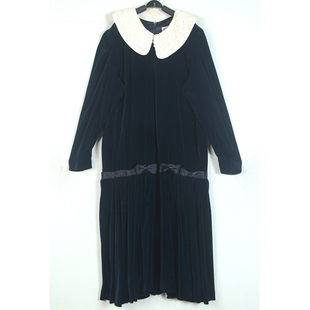 秋冬孤品复古着vintage墨水蓝蝴蝶结泡泡袖光泽感高档丝绒连衣裙