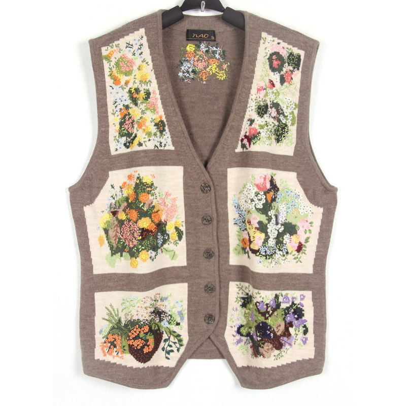 秋冬孤品复古日本中古着vintage精细手工刺绣钉珠荞麦色针织马甲