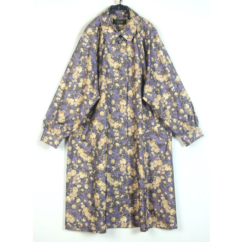 秋冬孤品复古着vintage日本高级灰印花宽松大摆高档真丝风衣外套