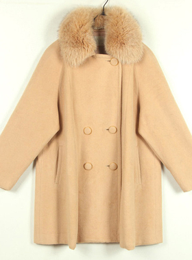秋冬装孤品复古古着vintage杏黄色狐狸毛领大衣安哥拉兔毛外套