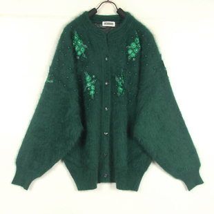 秋冬装孤品复古古着vintage墨绿色安哥拉兔毛蝙蝠袖手工钉珠毛衣