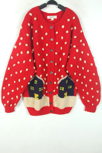 秋冬装孤品复古古着vintage大红拼色立体雪花对称房子手工毛衣