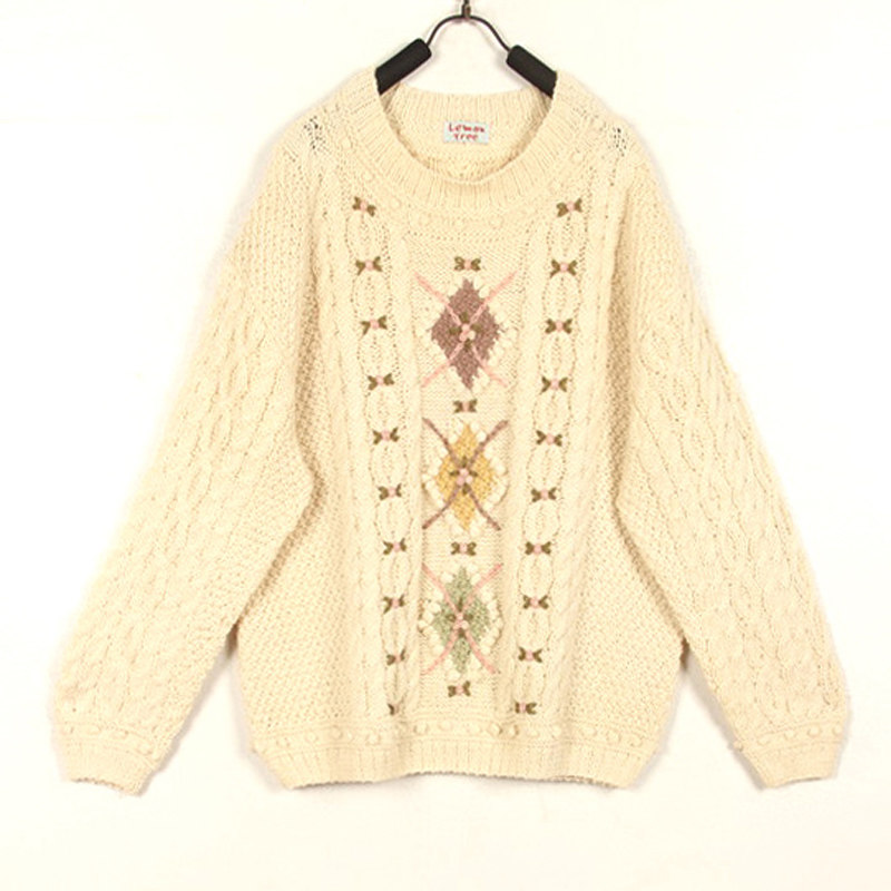 秋冬装孤品复古古着vintage奶油色田园菱格麻花手工套头毛衣