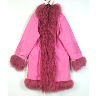 秋冬孤品复古古着vintage浅胭脂粉佩里斯刺绣卷羊毛真丝风衣外套