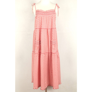 春夏孤品复古日本中古着vintage红格子pink house蕾丝吊带娃娃裙
