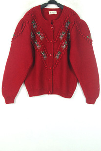 秋冬装孤品复古古着vintage日本深红色刺绣小花泡泡袖手工毛衣